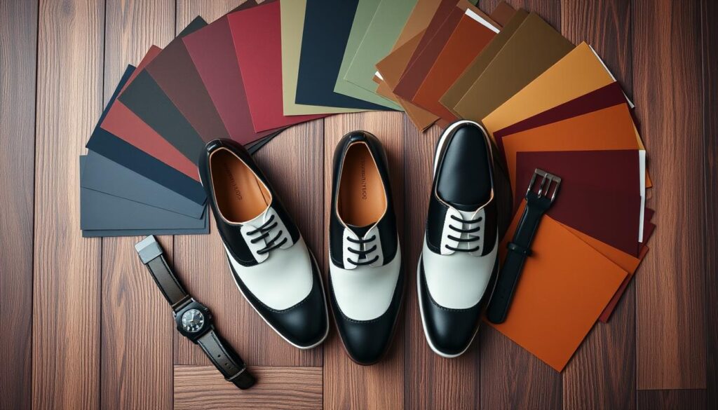 A stylish flat lay of men's black and white shoes surrounded by various color swatches, showcasing elegant color combinations like deep burgundy, navy blue, olive green, and rich tan