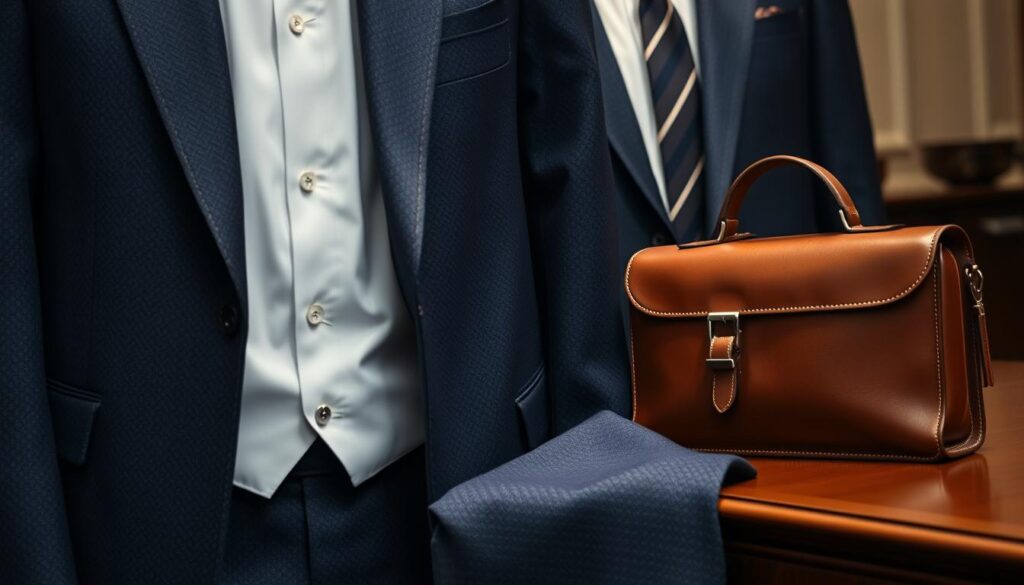 A classic tailored suit display, richly textured fabrics showcasing meticulous craftsmanship, an elegant leather briefcase resting beside a polished wooden desk