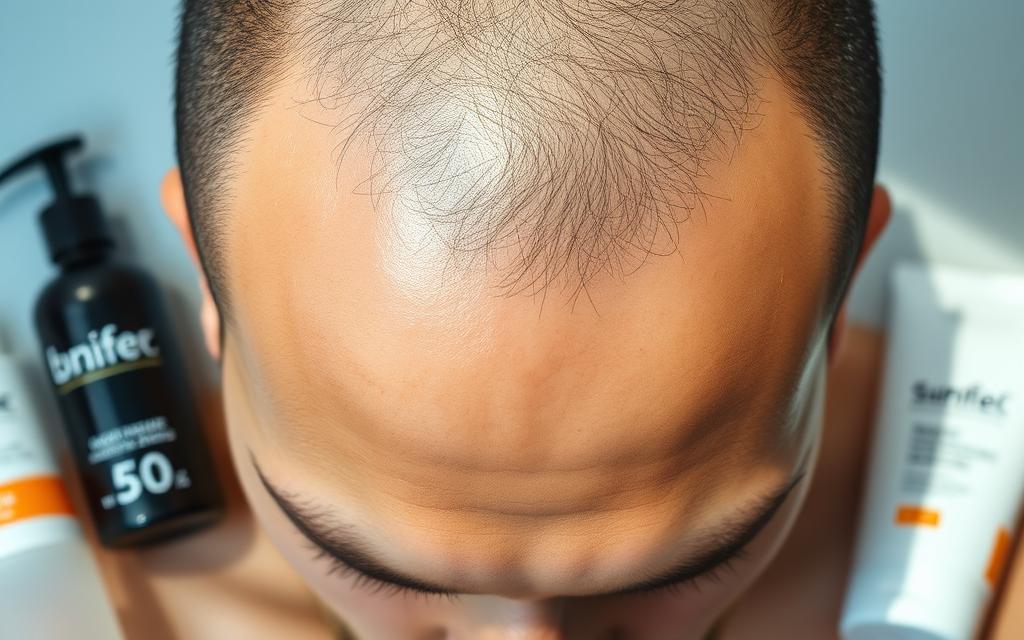 A close-up of a well-kept scalp showcasing healthy skin and subtle shine, surrounded by grooming products like moisturizers and sunscreens, with a minimalist background emphasizing simplicity and care.