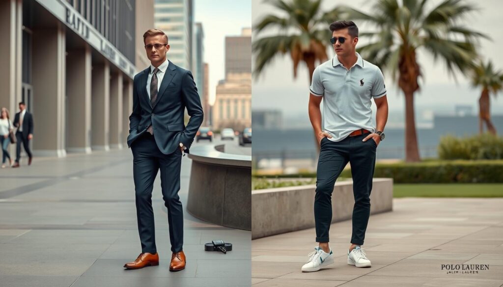 A split scene showcasing contrasting styles: on one side, a sophisticated urban environment with well-dressed men in luxury suits and polished footwear representing Ralph Lauren