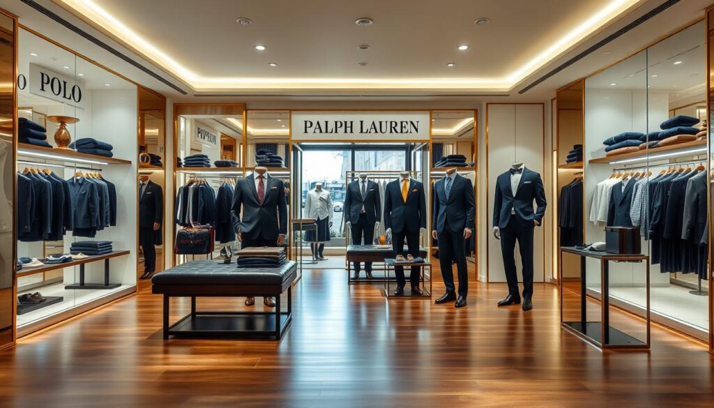 A luxurious fashion boutique interior showcasing elegant displays of Polo Ralph Lauren and Ralph Lauren menswear