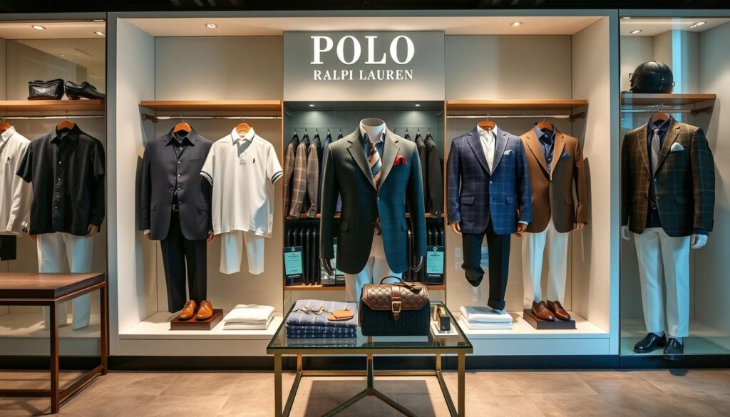 A stylish and sophisticated men's clothing display featuring Polo Ralph Lauren items, showcasing classic polo shirts, tailored blazers, and refined accessories