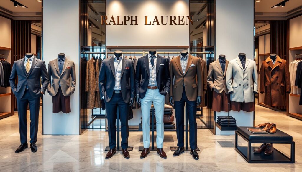 An elegant display of Ralph Lauren men's collection, showcasing a variety of stylish clothing pieces