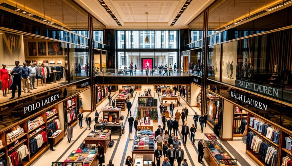 A bustling high-end retail store featuring Polo Ralph Lauren and Ralph Lauren branded sections,