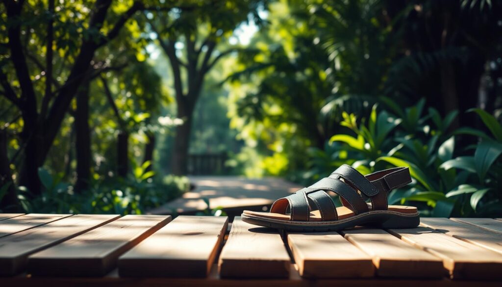 A picturesque setting featuring a pair of stylish Libiyi sandals for men displayed on a wooden deck surrounded by lush greenery