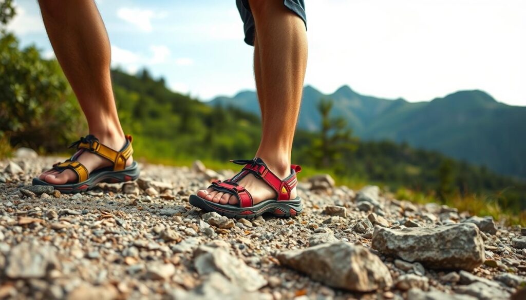 Stylish men's Libiyi sandals on a rocky trail, showcasing adventure-ready footwear, vibrant colors, against a backdrop of lush greenery and rugged mountains.