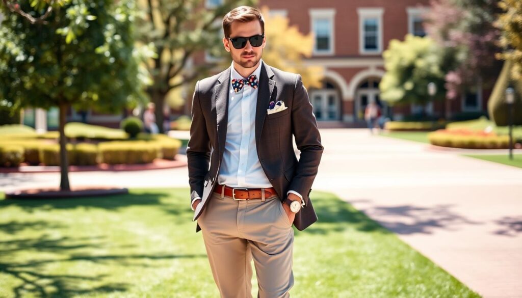 A stylish man dressed in preppy fashion, featuring a tailored blazer over a crisp button-down shirt, paired with chinos and boat shoes