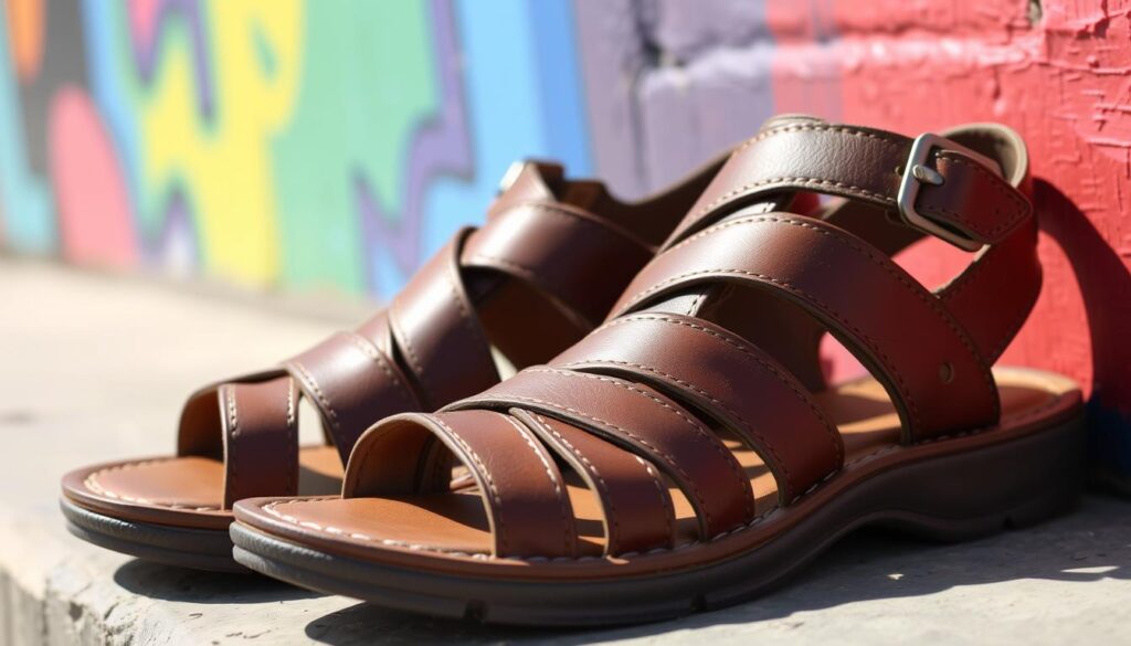 A stylish pair of men's leather sandals, featuring a comfortable design with adjustable straps