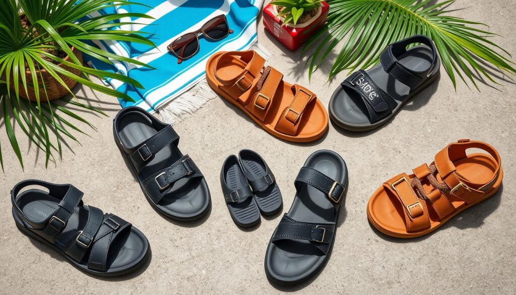 A stylish flat lay of the latest men's Libiyi sandals, featuring a variety of designs and colors