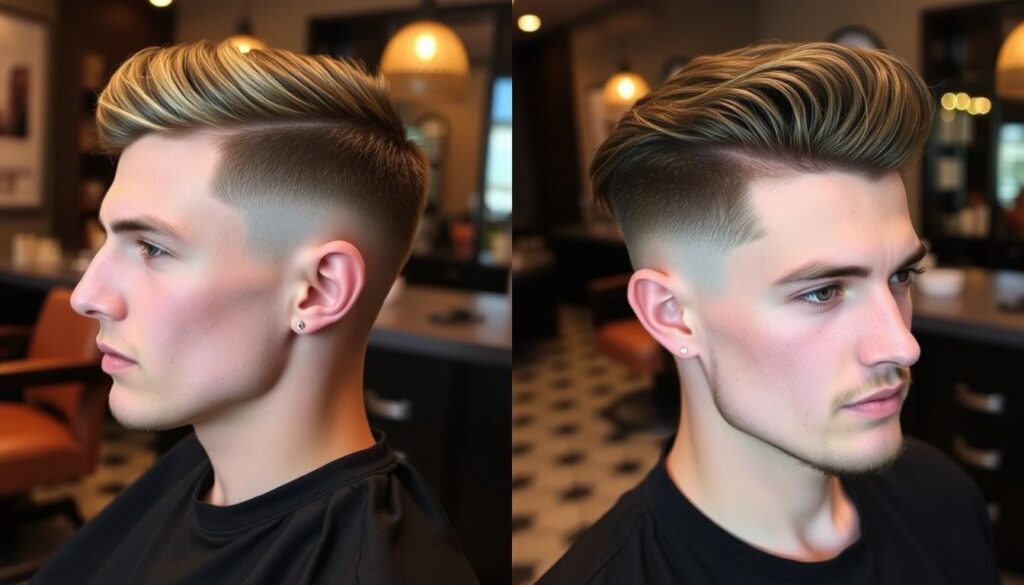 Side-by-side comparison of two men's hairstyles: left side featuring a sharp undercut with clean lines and contrasting longer hair on top, right side showcasing a smooth fade with a gradual blend from short to longer hair