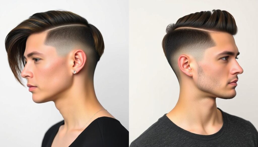 A split canvas design showcasing two distinct hairstyles: on one side, a sleek undercut with sharp lines and contrasting longer hair on top, the other side featuring a smooth fade with seamlessly blended lengths and textured top