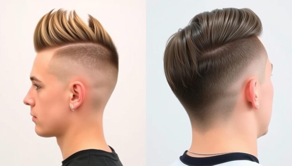 A split image showcasing two distinct hairstyles: on the left, a clean undecut haircut featuring short sides and back with longer hair on top styled upwards, and on the right, a fade haircut with gradually decreasing hair length from top to bottom