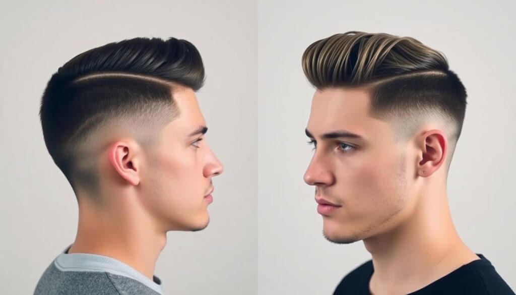 Split image showcasing an undercut hairstyle on one side, featuring closely shaved sides with longer hair on the top, contrasted with a fade hairstyle on the other side, displaying a gradual blend from short to longer hair with a smooth transition