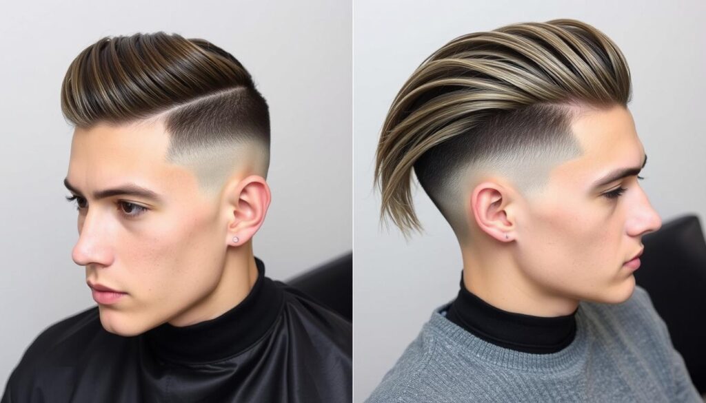 A split image showcasing two distinct hairstyles: on the left, a close-up view of an undercut hairstyle with sharp, clean lines and longer hair on top, highlighting the contrast; on the right, a fade hairstyle that gradually blends shorter sides into longer top hair,