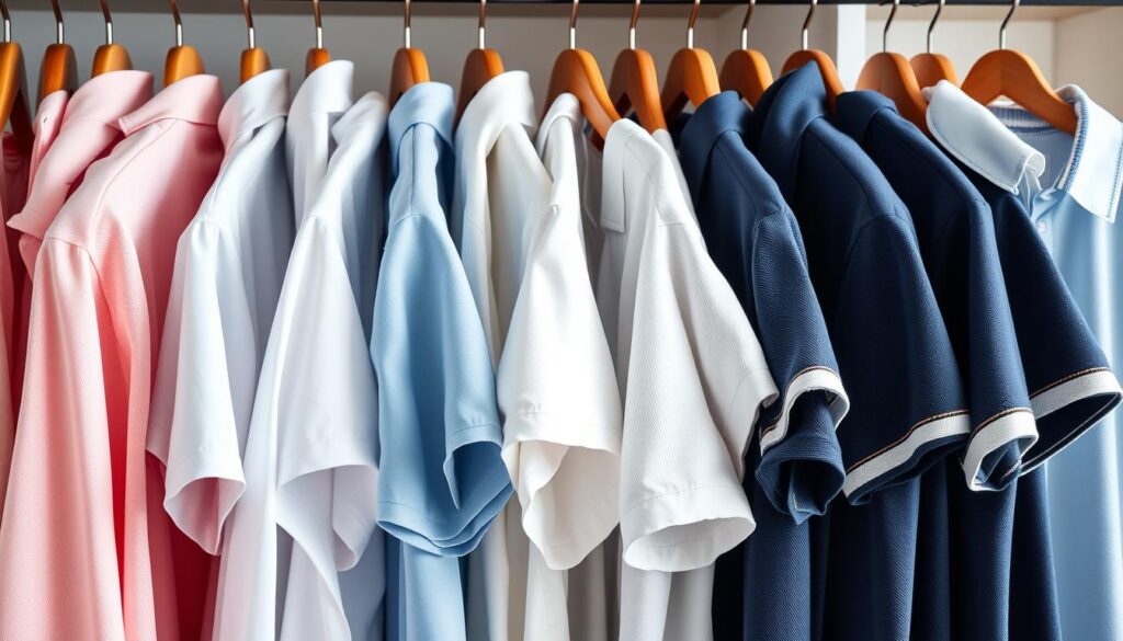 A collection of classic preppy oxford shirts and polo shirts neatly displayed on wooden hangers, featuring various colors like pastel pink, light blue, crisp white, and navy