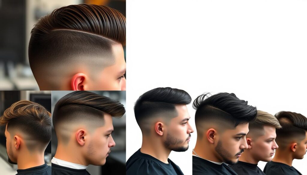 An artistic representation of various fade haircut techniques, showcasing different styles and transitions from short to long hair, emphasizing smooth gradients, close-up views of the hair texture