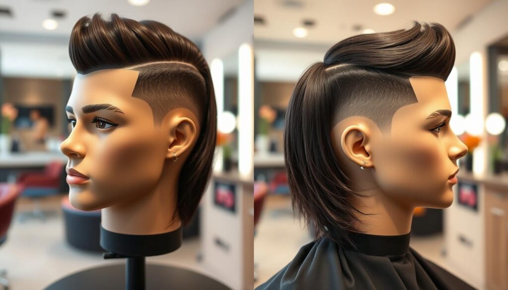 Side-by-side comparison of an undercut and a fade hairstyle on mannequin heads, showcasing the sharp contrast in length and texture, set against a stylized salon background with soft lighting and modern decor.