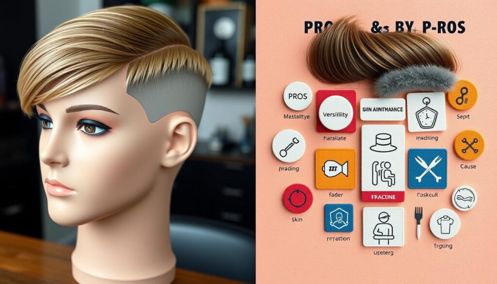 A split image showcasing two sides: one side features a close-up of a stylish fade haircut on a mannequin head, highlighting the smooth transition from short to longer hair with soft gradients; the other side displays a collage of elements representing the pros and cons of a fade