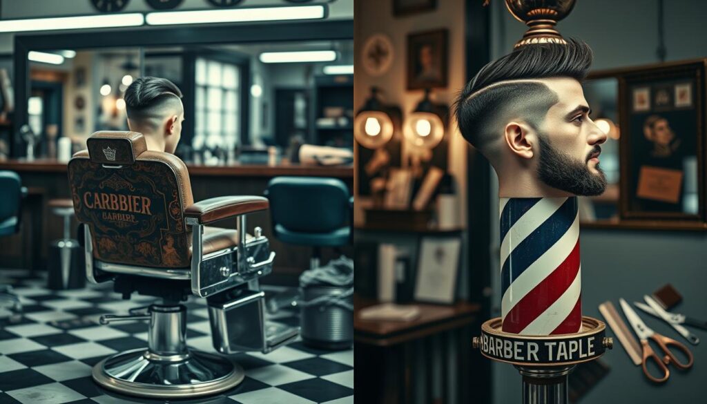 A split image showcasing a detailed barber's chair on one side featuring an undercut hairstyle, and the other side displaying a traditional barber's pole with a fade hairstyle