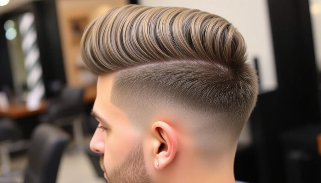 A stylish pompadour hairstyle on a man with thick, straight hair, showcasing voluminous height and sleek sides, set against a modern barbershop background