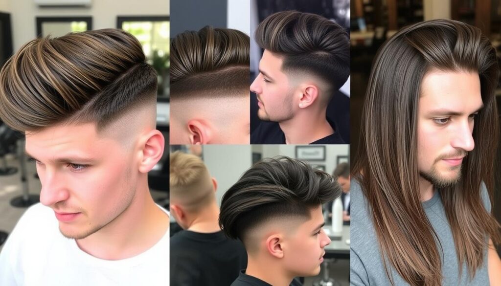 A collection of stylish haircuts for men with thick straight hair, showcasing various lengths and styles, including a textured pompadour, a classic undercut, a messy quiff, and a long flowing hairstyle