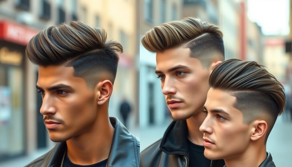 Stylish hairstyles for men with thick straight hair, featuring a variety of trendy cuts like textured pompadour, sleek undercut, modern quiff, and classic side part.