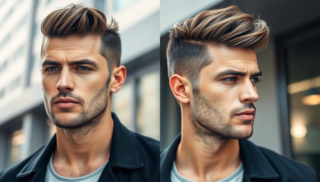 A stylishly groomed male model with thick straight hair featuring a textured quiff hairstyle, focusing on volume and layers, showcasing natural shine and movement