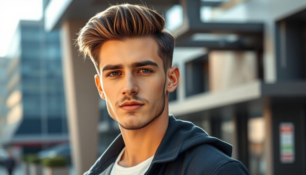 A stylish young man with thick straight hair, showcasing a trendy haircut, standing confidently in a modern urban setting, with sunlight highlighting the texture of his hair