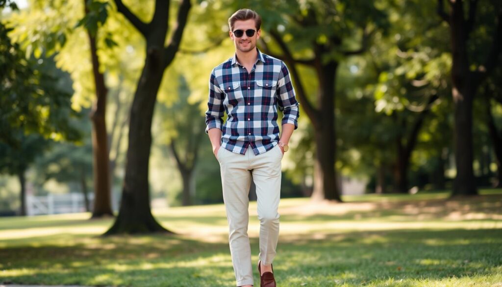 Stylish preppy casual wear for men, featuring a plaid button-down shirt, light-colored chinos, and loafers, set in an outdoor park setting with trees and sunlight filtering through the leaves