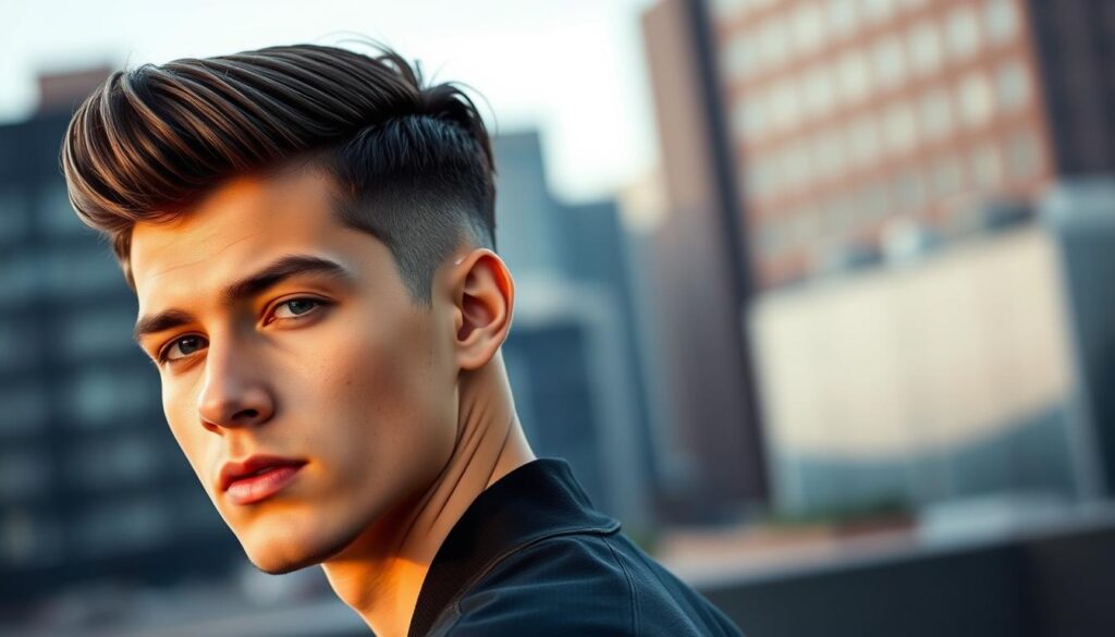 A stylish young man with thick straight hair, showcasing a slick back hairstyle. He has a confident expression, standing in a modern urban setting