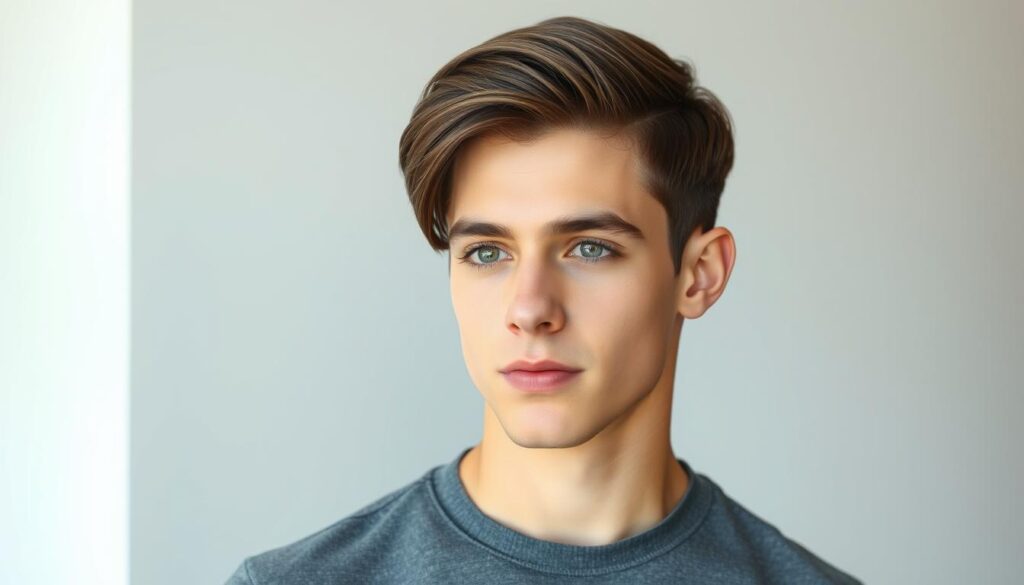 A stylish young man with thick straight hair sporting a classic crew cut, highlighting the clean lines and tapered sides, set against a minimalist background