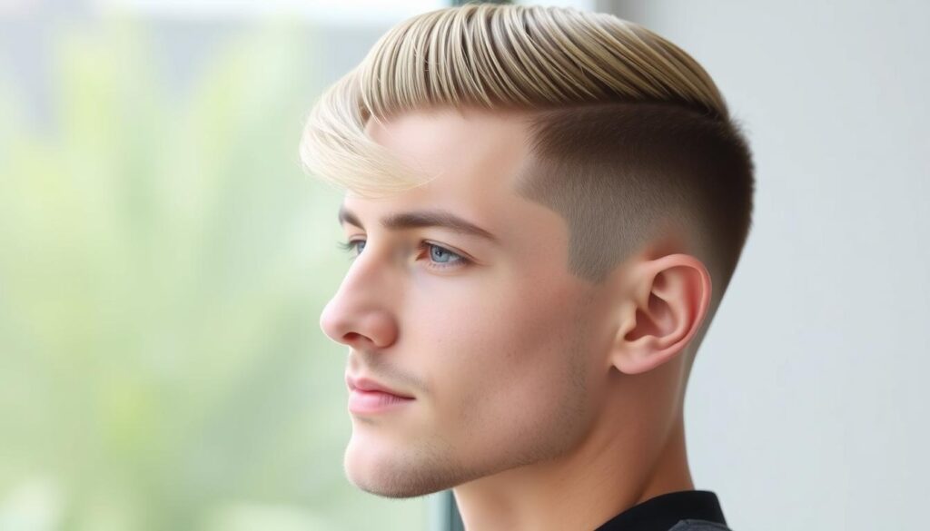 Stylish undercut hairstyle for a male model, showcasing thick straight hair on top, clean shaved sides, sharp edges, modern appearance, professional barber setting, natural lighting