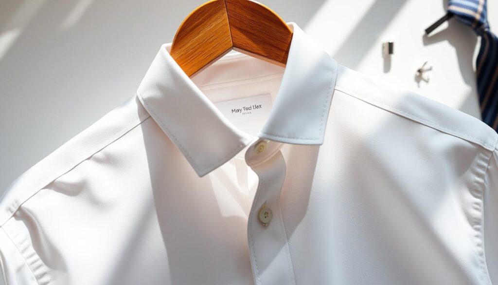 A white dress shirt neatly displayed on a wooden hanger, featuring crisp lines, well-defined collar, and button details