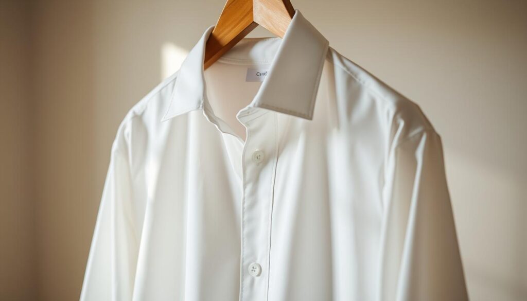 A classic men's white button-up dress shirt, elegantly hanging on a wooden hanger in a softly lit room, showcasing its crisp collar and neatly pressed fabric