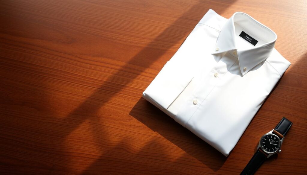 A neatly folded classic white dress shirt displayed on a polished wooden surface, soft natural light casting gentle shadows