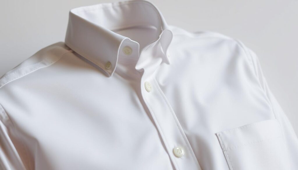 A slim-fit men's white dress shirt, elegantly tailored, featuring a classic collar and subtle sheen, displayed on a minimalist background to highlight its fabric texture and pristine color