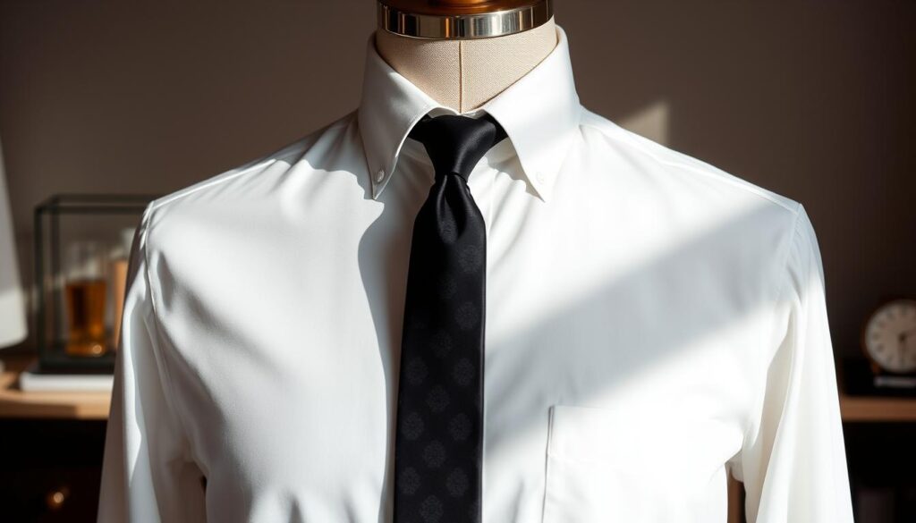 A classic white dress shirt elegantly displayed on a tailored mannequin, surrounded by various accessories like a sleek black tie