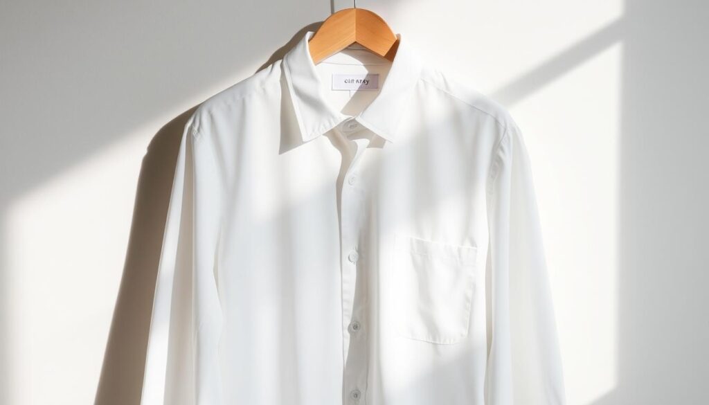 A pristine white dress shirt for men, elegantly displayed on a wooden hanger