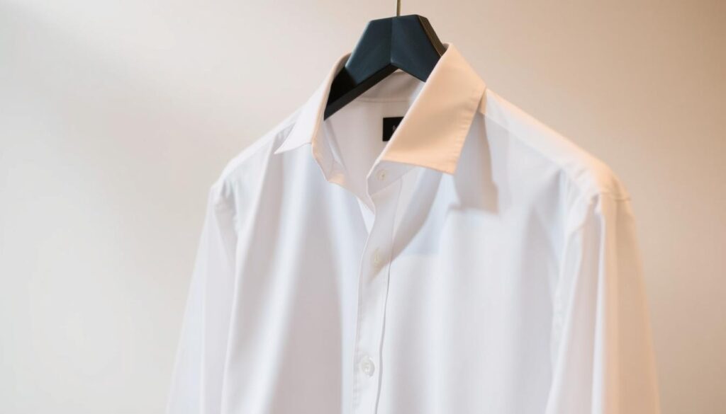 A stylish slim fit white dress shirt for men, showcasing a tailored silhouette, crisp collar, and neatly buttoned cuffs