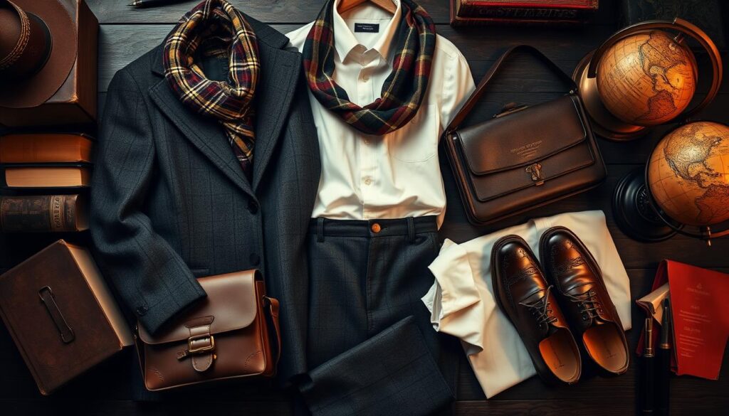 Dark academia fashion flatlay: Vintage suit, plaid scarves, leather accessories, Oxford shoes, and antique globes arranged elegantly.