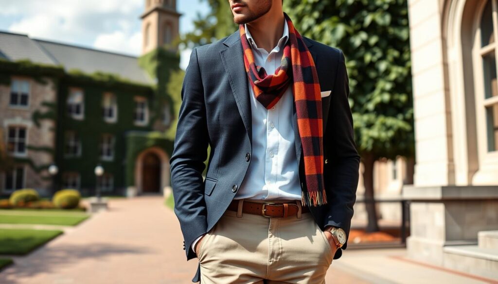 A stylish man wearing a fitted blazer over a classic polo shirt, paired with tailored chinos and loafers, surrounded by preppy accessories like a leather belt, a colorful plaid scarf, and a vintage watch