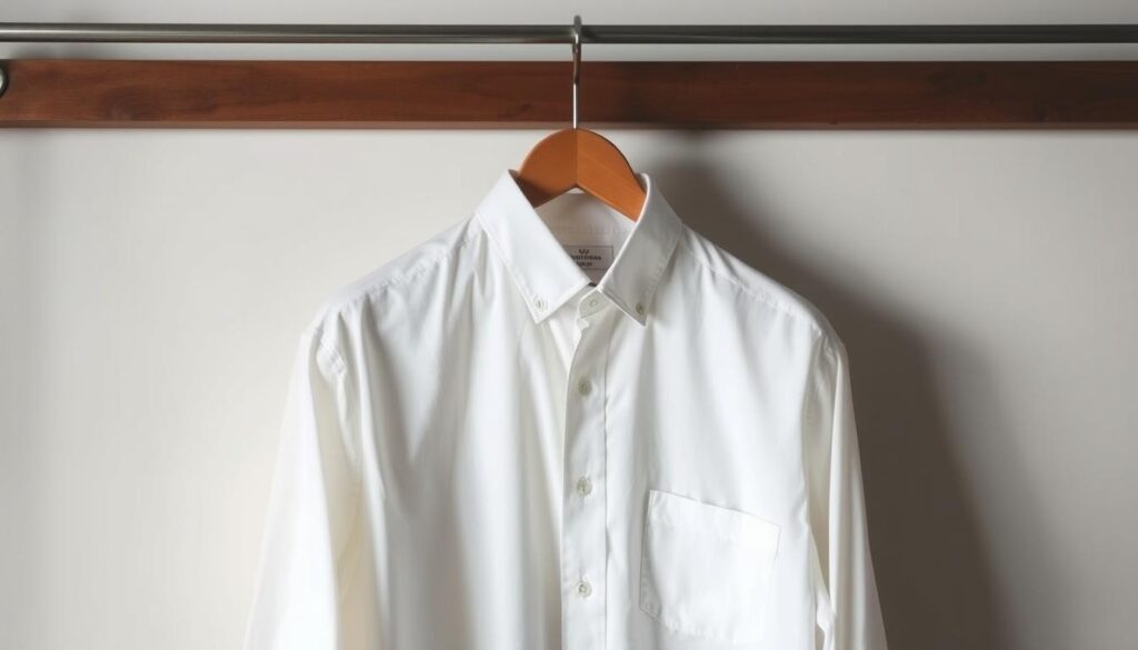 A classic white dress shirt for men, elegantly displayed on a sleek wooden hanger against a minimalist background