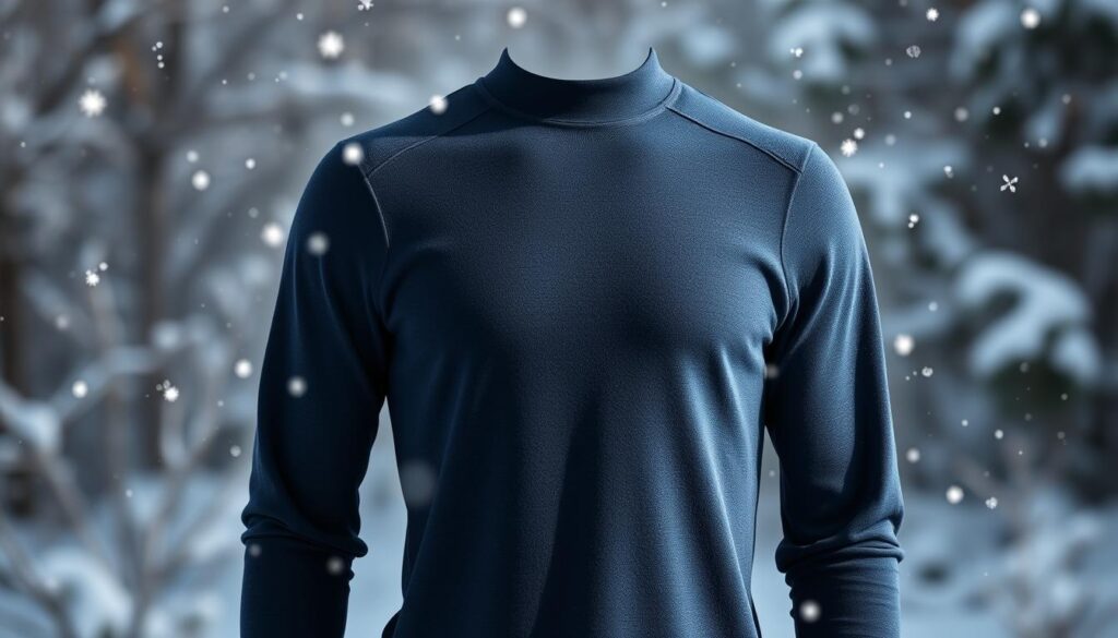 A cozy men's thermal shirt displayed against a wintery backdrop, featuring a soft fabric texture and a form-fitting design