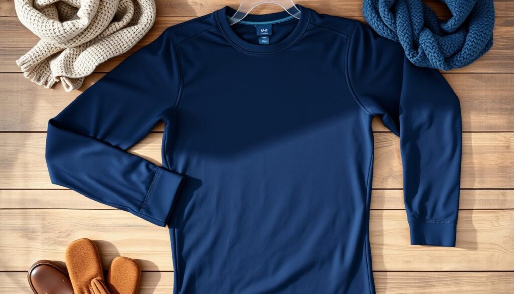 A stylish men's thermal shirt displayed on a rustic wooden background, showcasing its soft texture and warm fabric