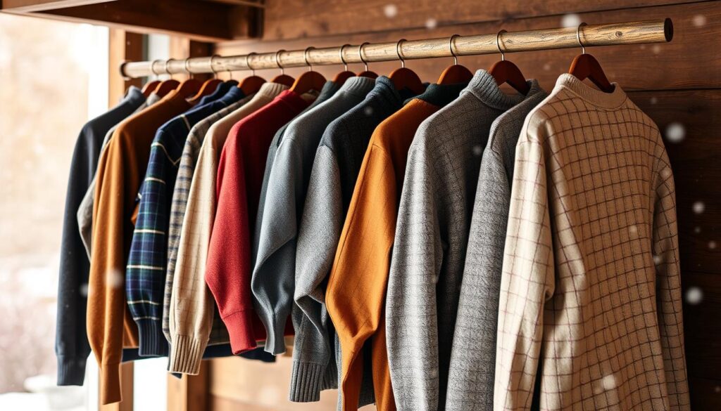 A cozy scene featuring a collection of various men's thermal shirts hung on a rustic wooden rack, showcasing different colors and patterns