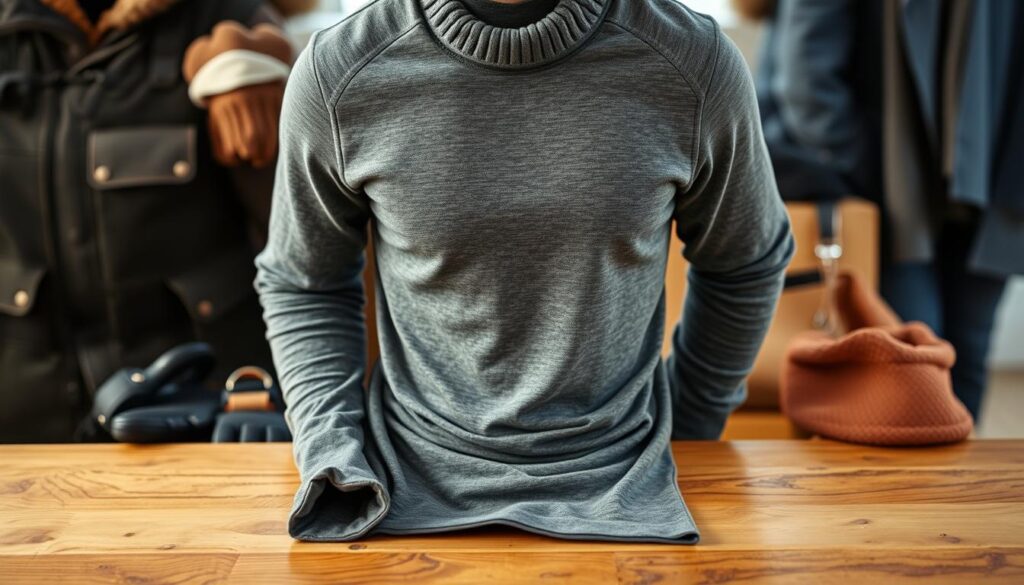 A stylish men's thermal shirt displayed on a wooden table, showcasing its thin, form-fitting design, made from a soft, stretchy fabric