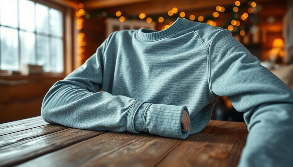 A men's long sleeve thermal shirt displayed on a rustic wooden table, showcasing an array of colors and textures, soft fabric close-up with subtle stitching details