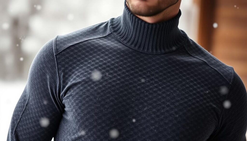 A close-up of a men's thermal base layer shirt, showcasing its soft, textured fabric designed for warmth