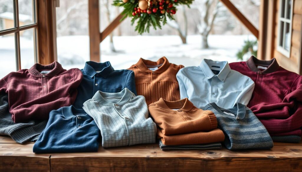 A collection of stylish men's thermal shirts arranged artfully on a rustic wooden table, showcasing various colors and textures