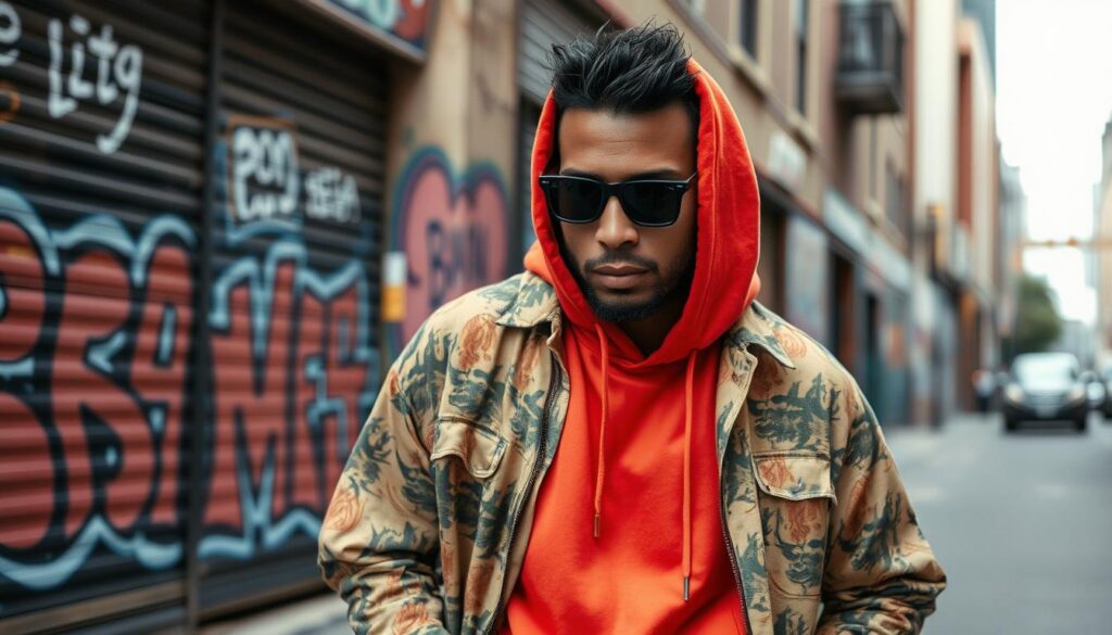 A stylish urban scene featuring a man wearing a layered outfit with a vibrant hoodie beneath an oversized, patterned shirt